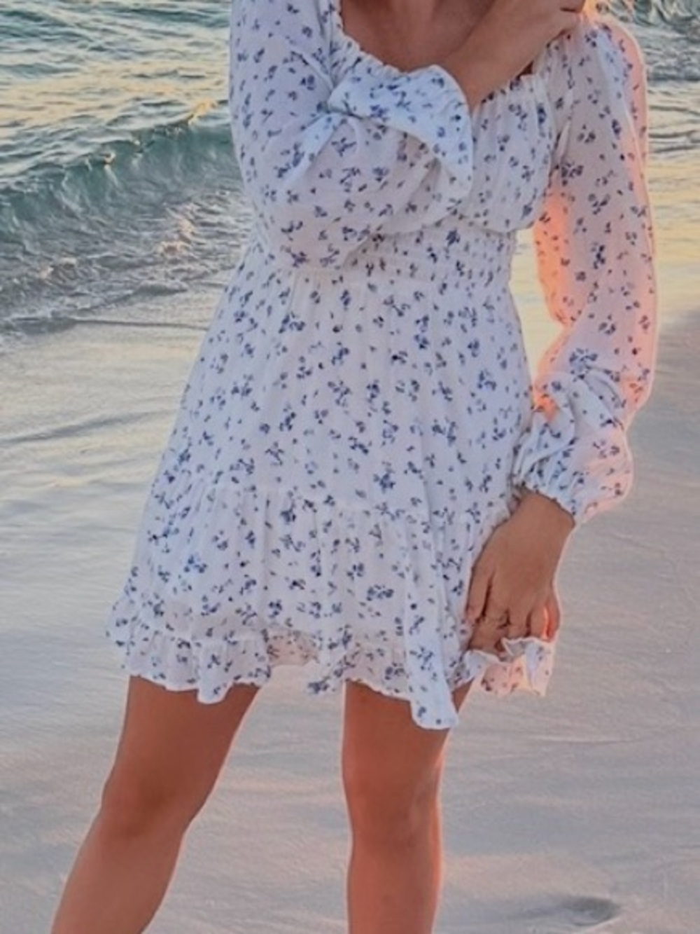 Altar'd State XXS White Mini Dress with long sleeves Blue Floral Print